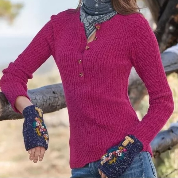 NWOT Sundance Birdie Ribbed Henley Sweater Size Large Berry Pink 10% Silk Knit - Picture 1 of 10
